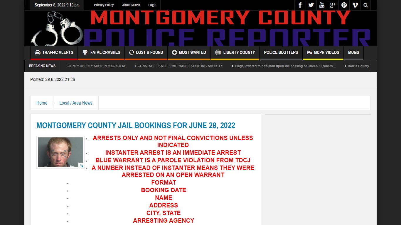 MONTGOMERY COUNTY JAIL BOOKINGS FOR JUNE 28, 2022